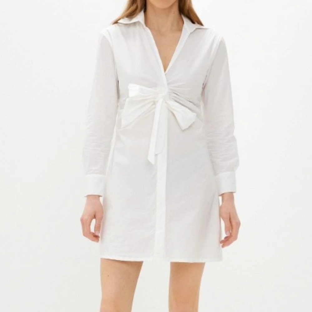 Silvian Heach Long Sleeve Shirt Dress 6 White Poplin Tie Waist
